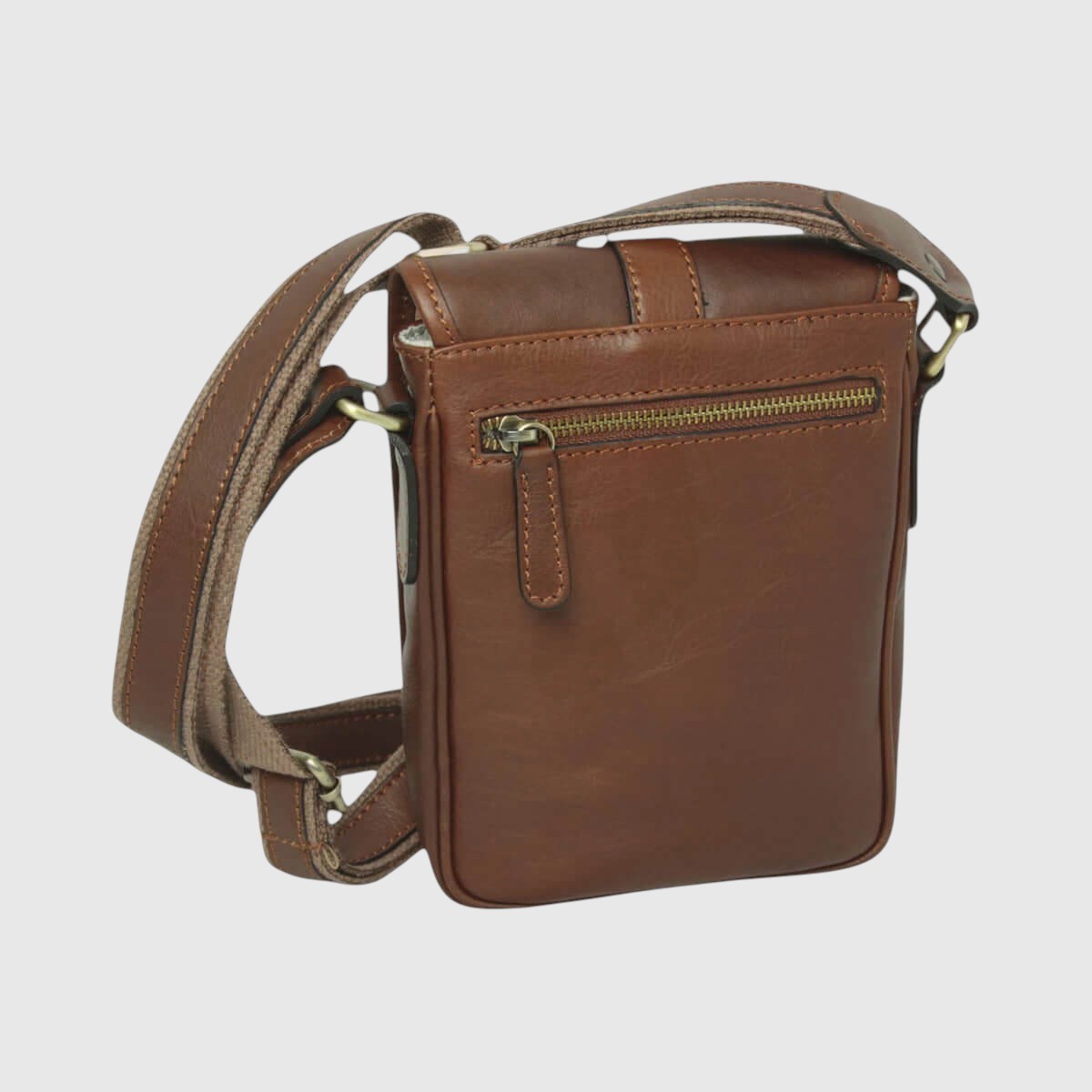 Borsa a tracolla in pelle marrone con zip frontale e tracolla regolabile