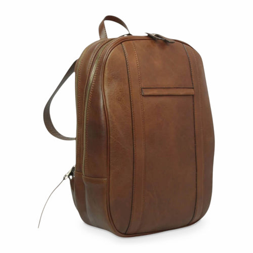 Dreiviertelansicht des kastanienbraunen Laptop-Rucksacks aus Leder mit Außentasche