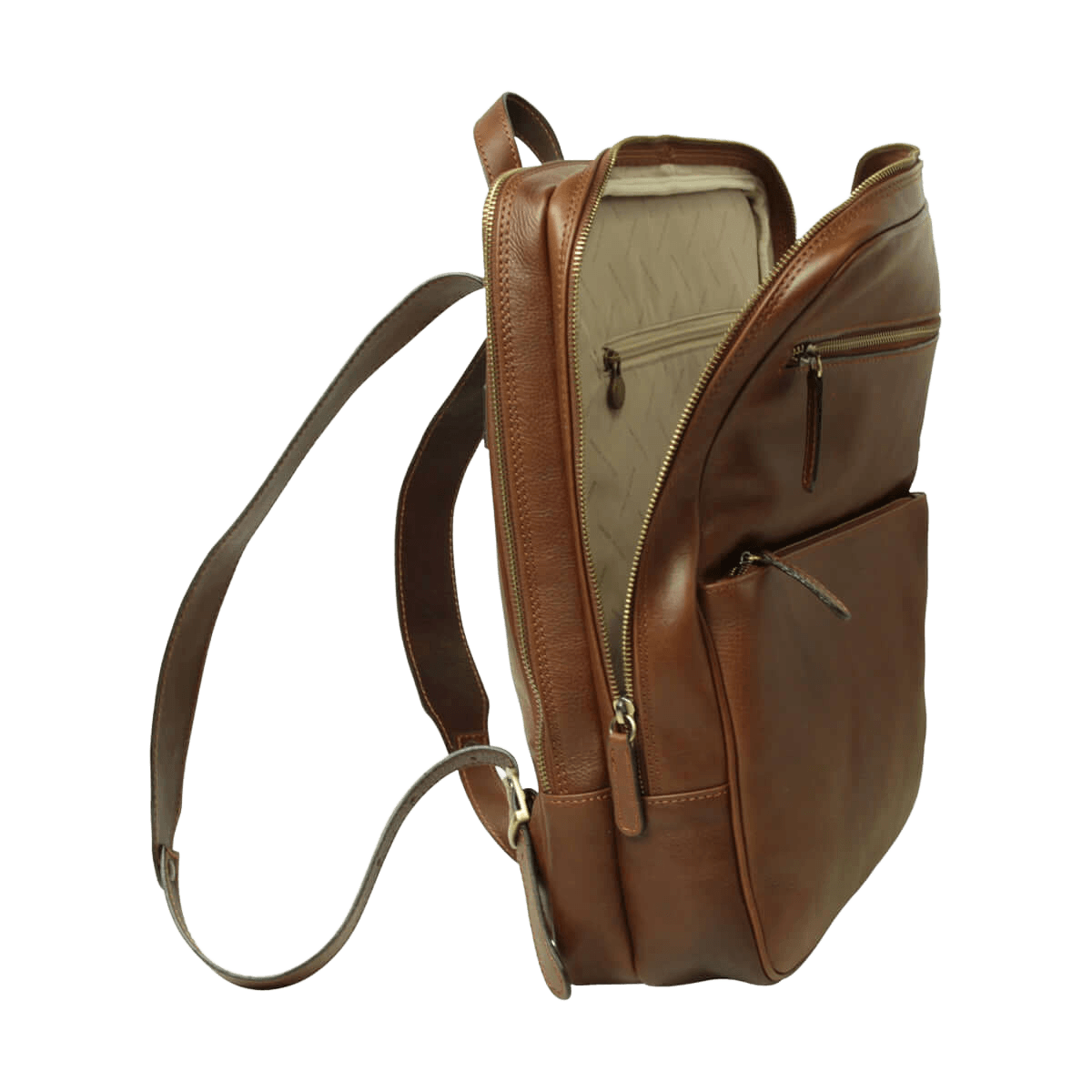 Zaino in pelle marrone, vista laterale con tracolla e tasca con zip.