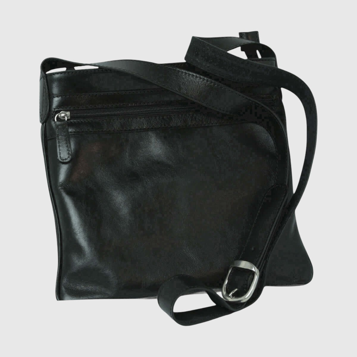 Borsa a tracolla in pelle nera grande con zip frontale e tracolla regolabile con fibbia