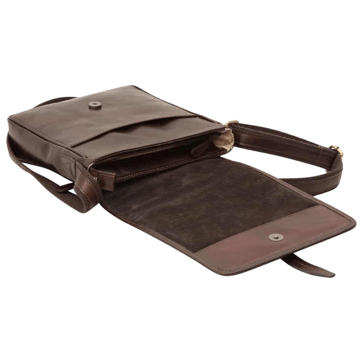 Tracolla messenger marrone scuro con patta e zip superiore, tasca esterna aperta.
