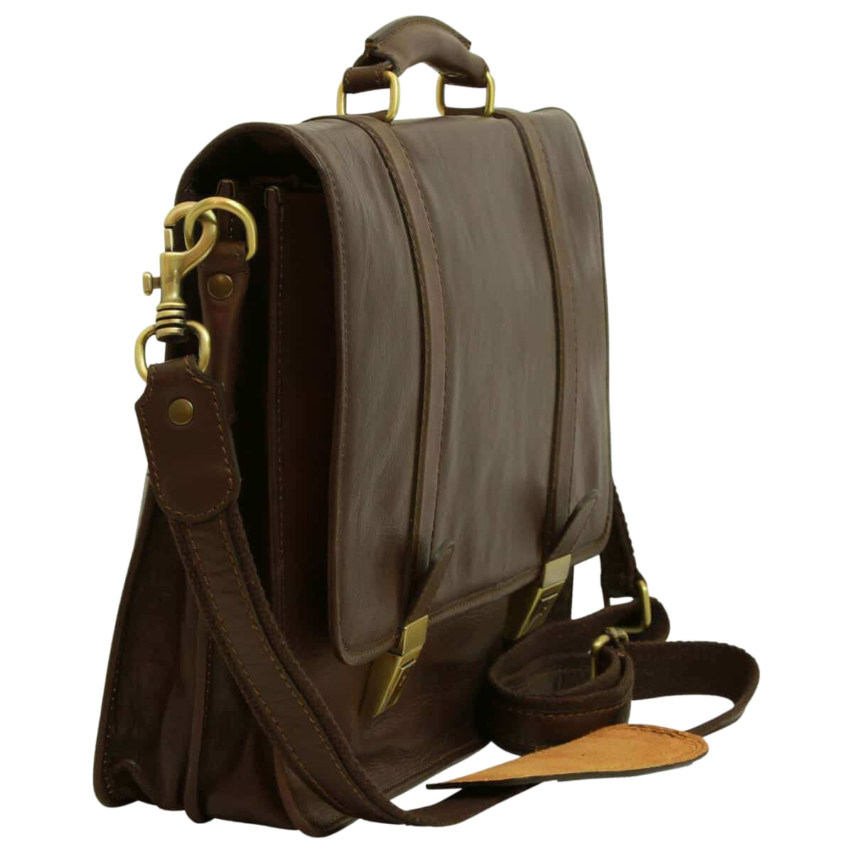 Cartella in pelle marrone scuro con tracolla e tasca laterale, anelli metallici.