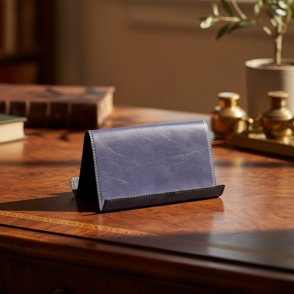 Supporto per iPad e iPhone in pelle blu cobalto, inquadratura laterale