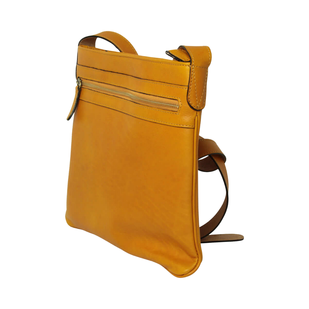 Borsa a tracolla giallo ocra vista laterale con zip superiore e tracolla