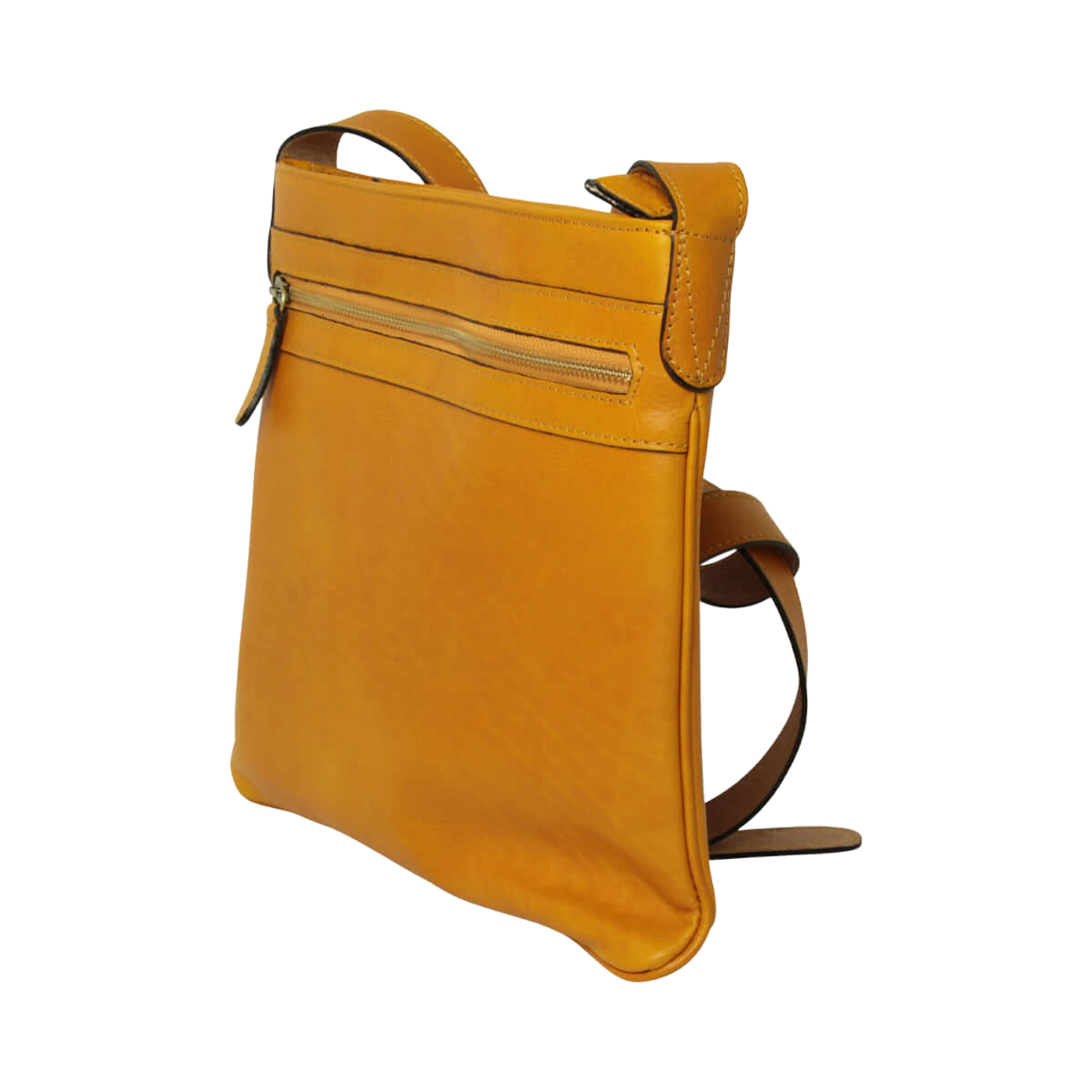 Borsa a tracolla giallo ocra vista laterale con zip superiore e tracolla