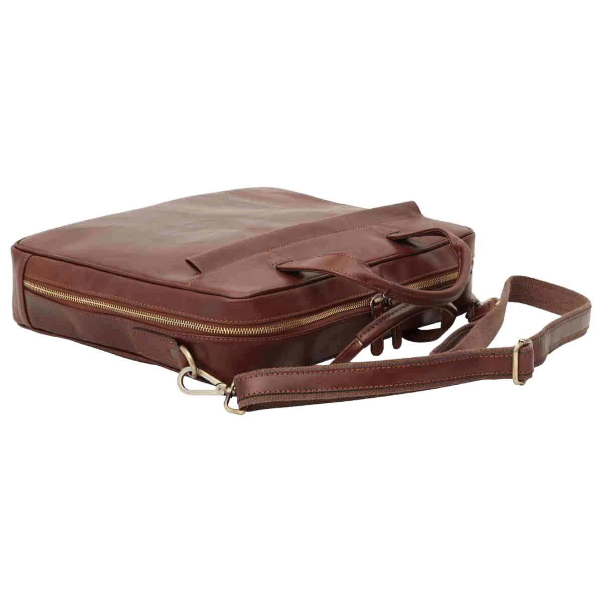Cartella in pelle marrone con zip laterale e tracolla in vista.