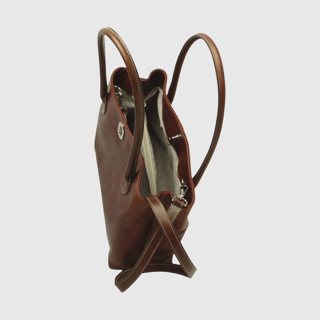 Borsa in pelle marrone con due manici, apertura con fodera verde oliva