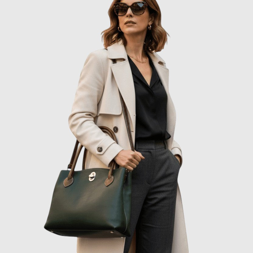Borsa bicolore in pelle verde con due manici marroni e dettagli metallici frontali.
