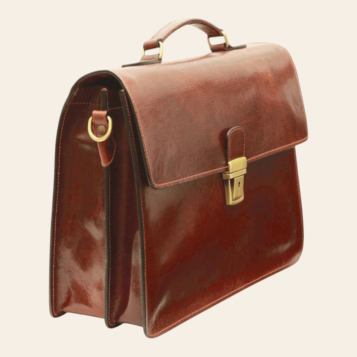 Cartella porta laptop in pelle marrone con tracolla laterale e chiusura frontale