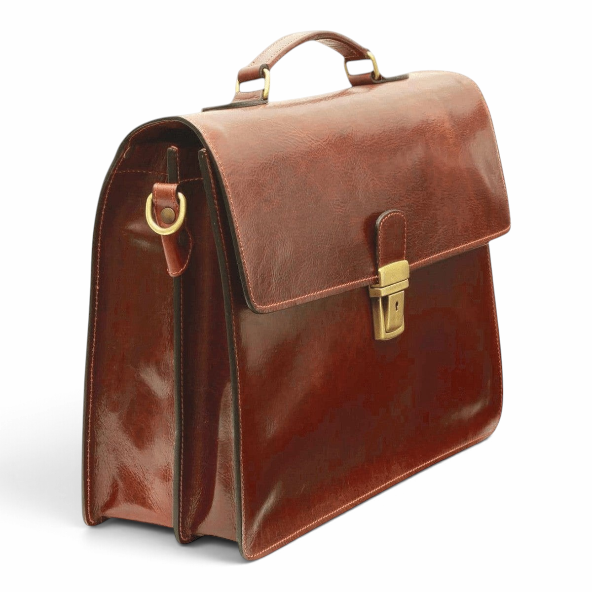 Vista laterale della cartella porta laptop in pelle marrone con anello per la tracolla e chiusura frontale