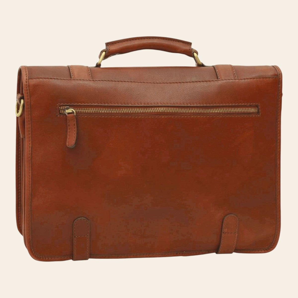 Cartella in pelle marrone mogano con cerniera superiore e due tasche applicate
