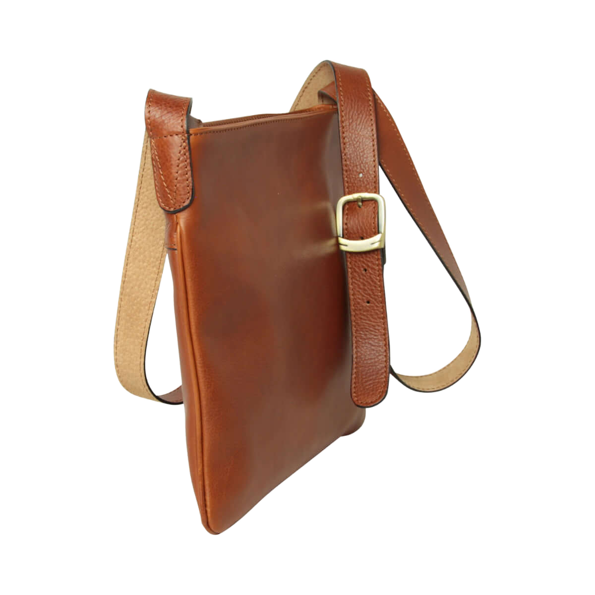 Borsa a tracolla in pelle color teak con fibbia regolabile e tracolla lunga