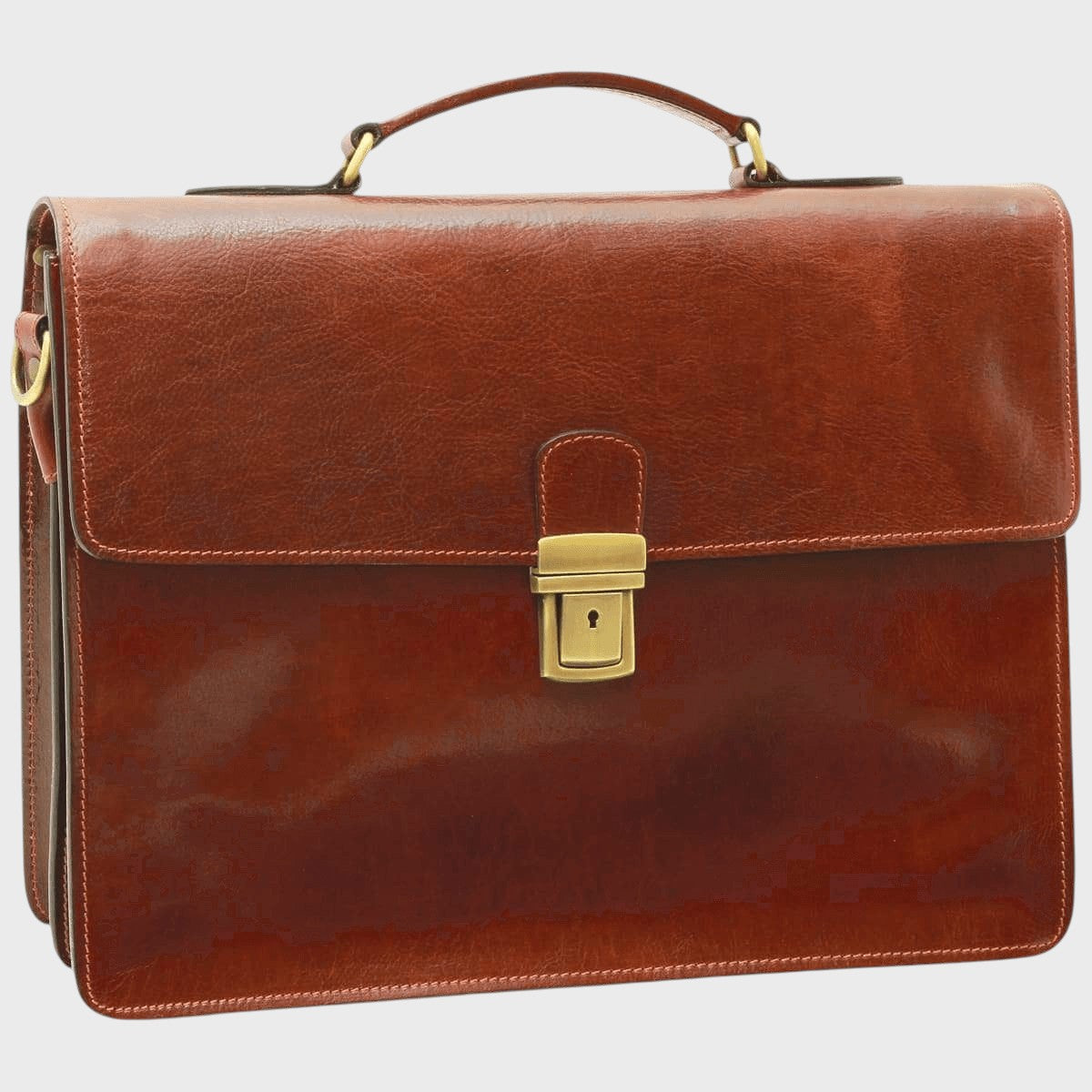 Cartella porta laptop in pelle marrone con chiusura lucchetto e manici in metallo