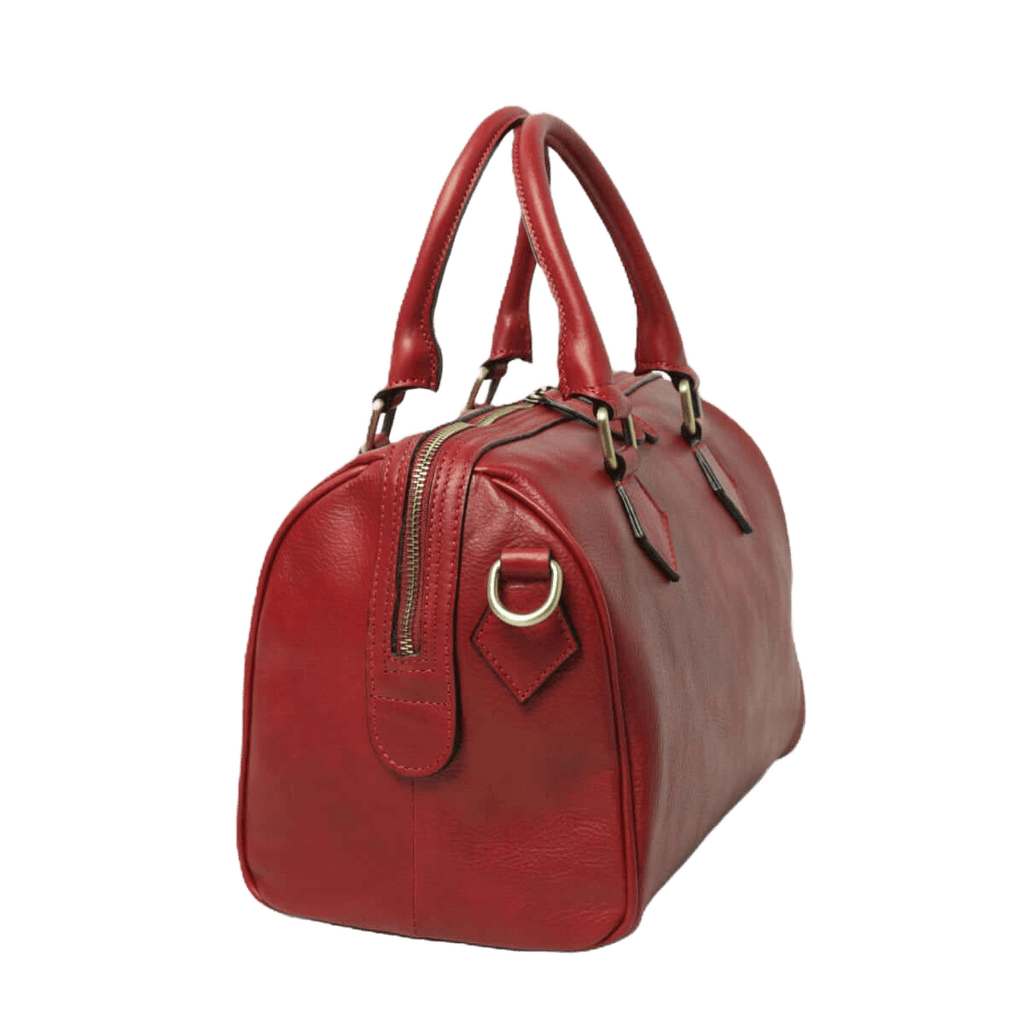 Bauletto in pelle rossa con cerniera superiore, tasca laterale e manici doppi.