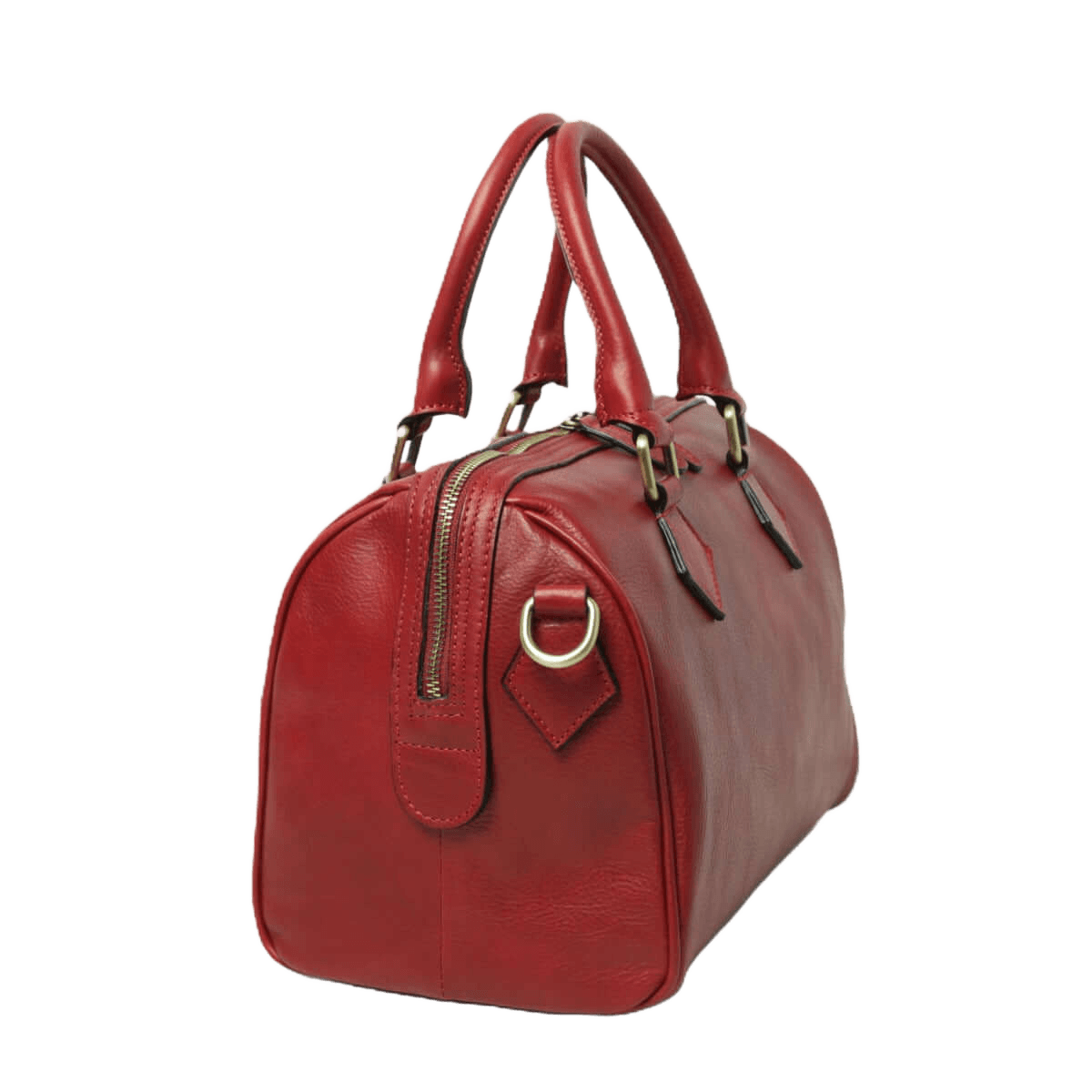 Bauletto in pelle rossa con cerniera superiore, tasca laterale e manici doppi.