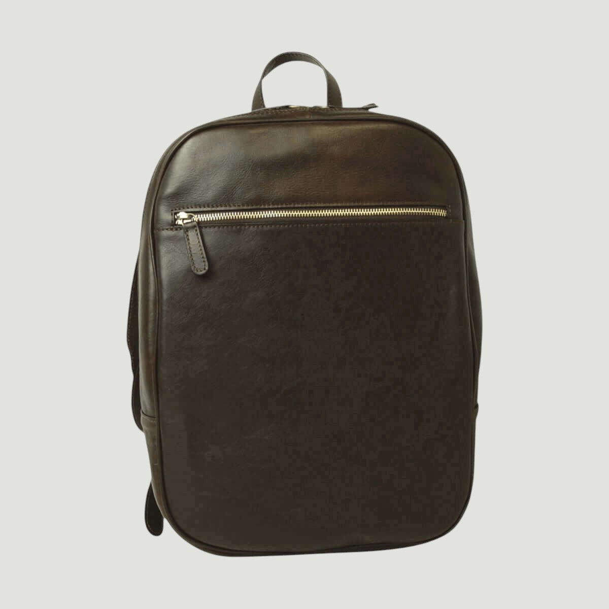 Zaino in pelle marrone scuro con tasca frontale con zip e manico