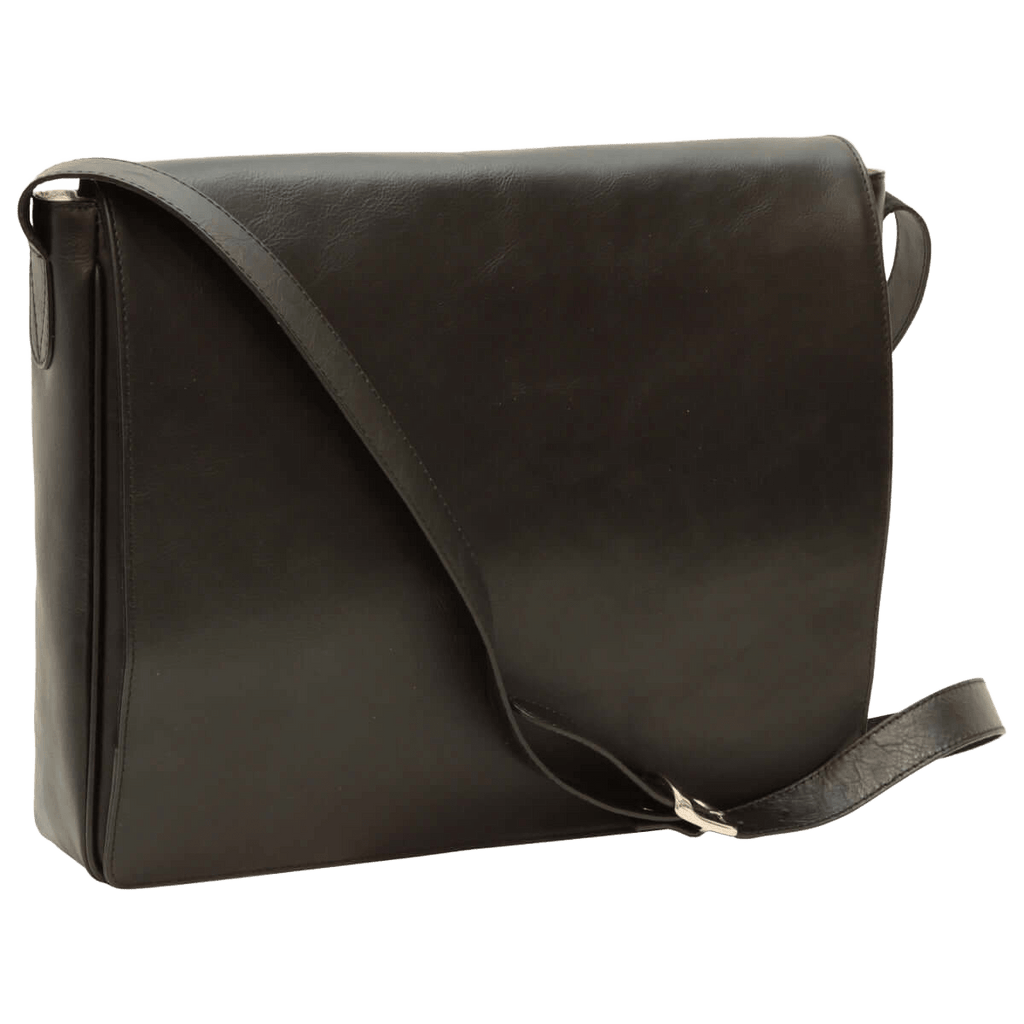 Borsa messenger in pelle nera con tracolla in cuoio e tasca esterna