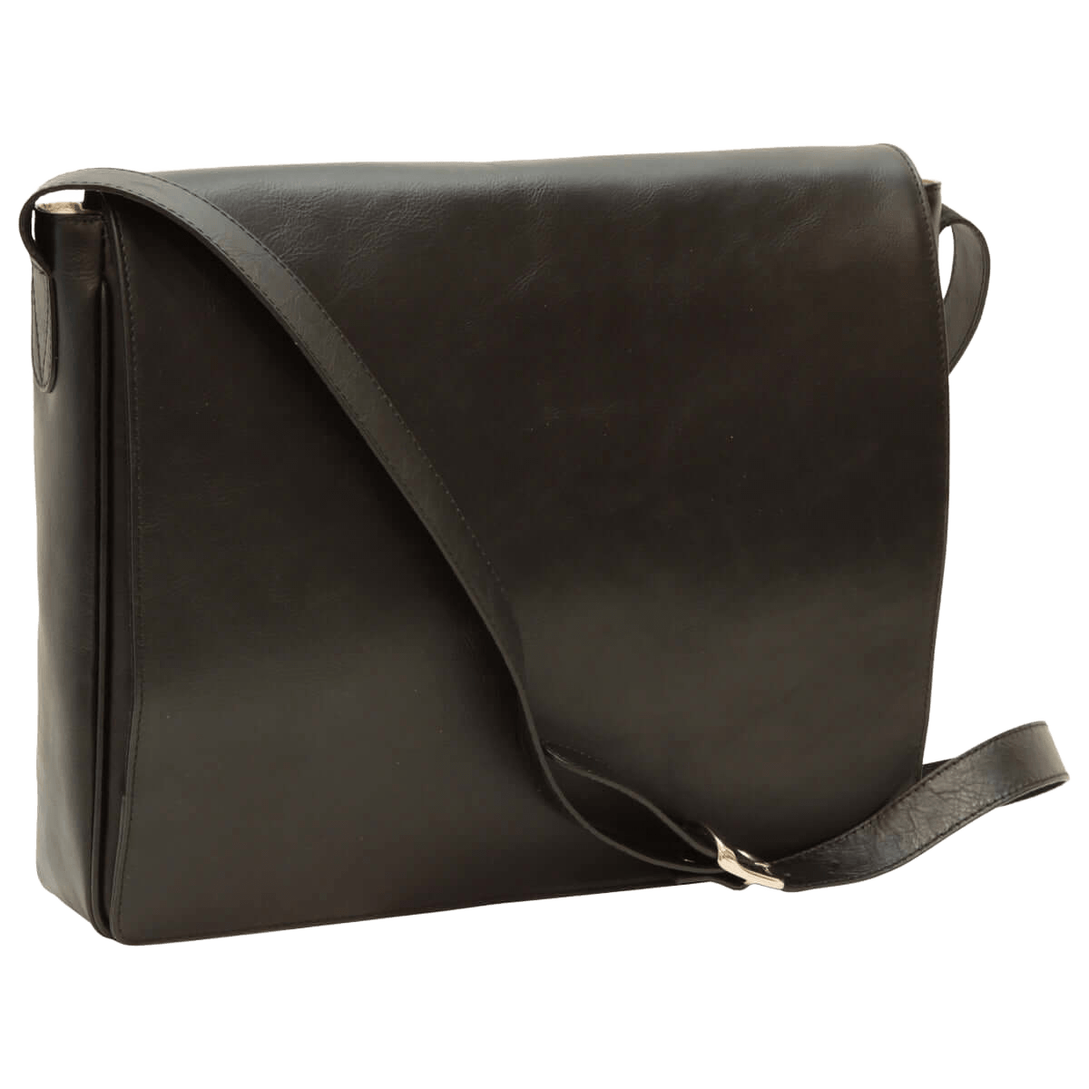 Borsa messenger in pelle nera con tracolla in cuoio e tasca esterna