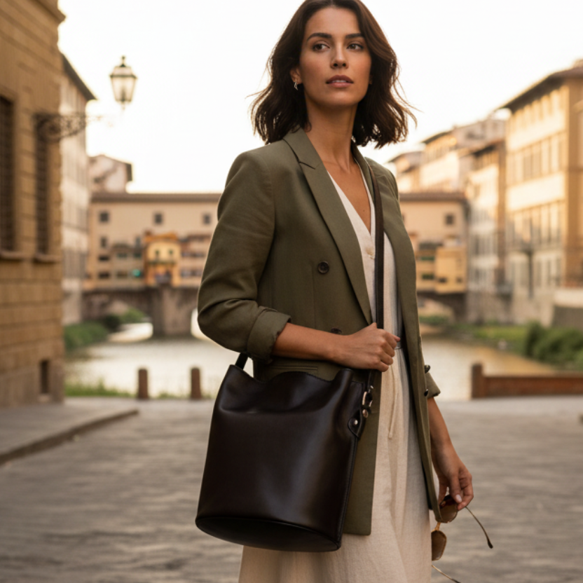 Borsa a tracolla in pelle nera Old Angler, forma a secchiello con manico e tracolla