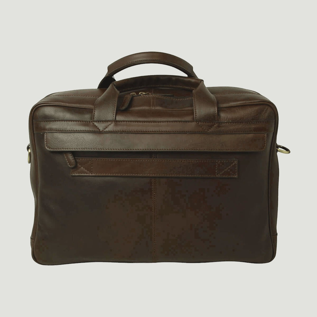 Borsa da laptop uomo in pelle marrone scuro, manici e tasca frontale con zip