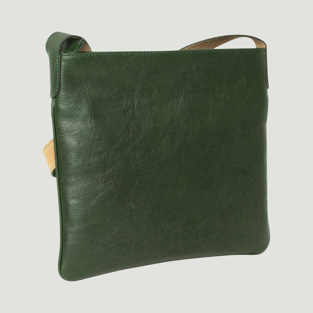 Borsa a tracolla in pelle verde grande rettangolare con tracolla in cuoio