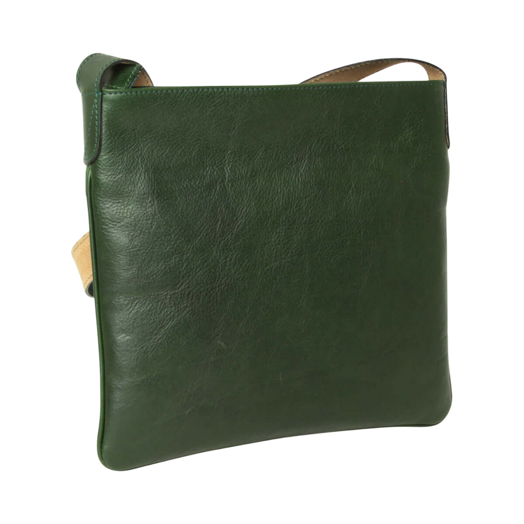 Borsa a tracolla verde in pelle con impugnatura posteriore e tracolla