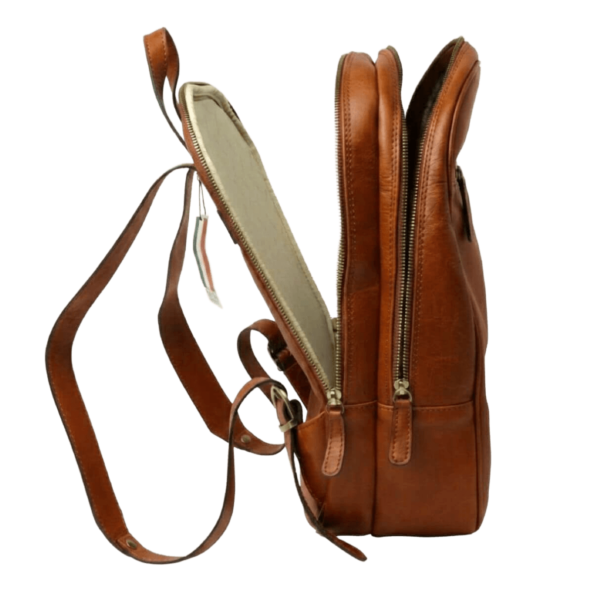 Zaino in pelle marrone con tasca laterale con zip e tracolla