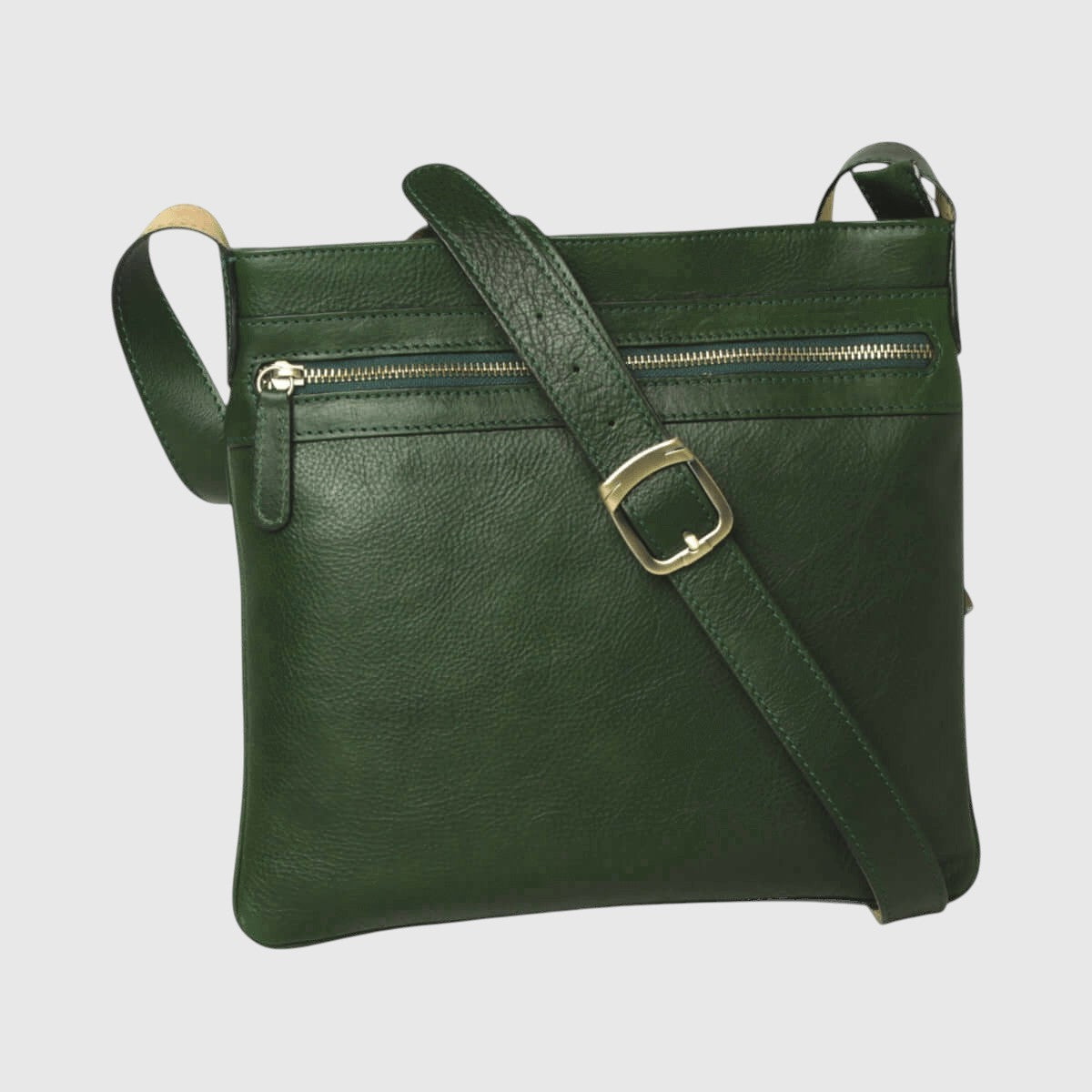 Borsa a tracolla in pelle verde con zip frontale e fibbia sulla tracolla