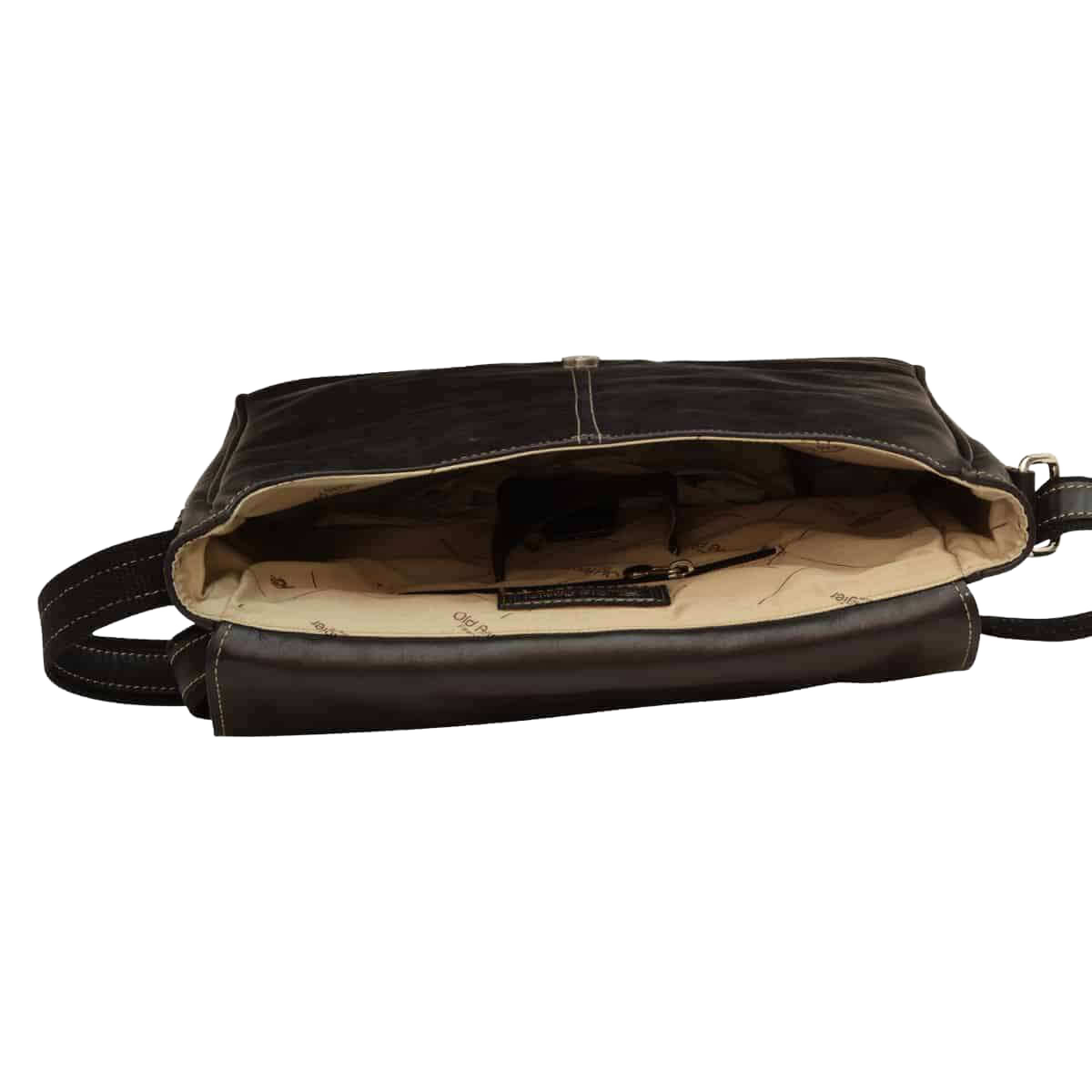 Borsa messenger in pelle nera aperta con interno chiaro e tasca interna
