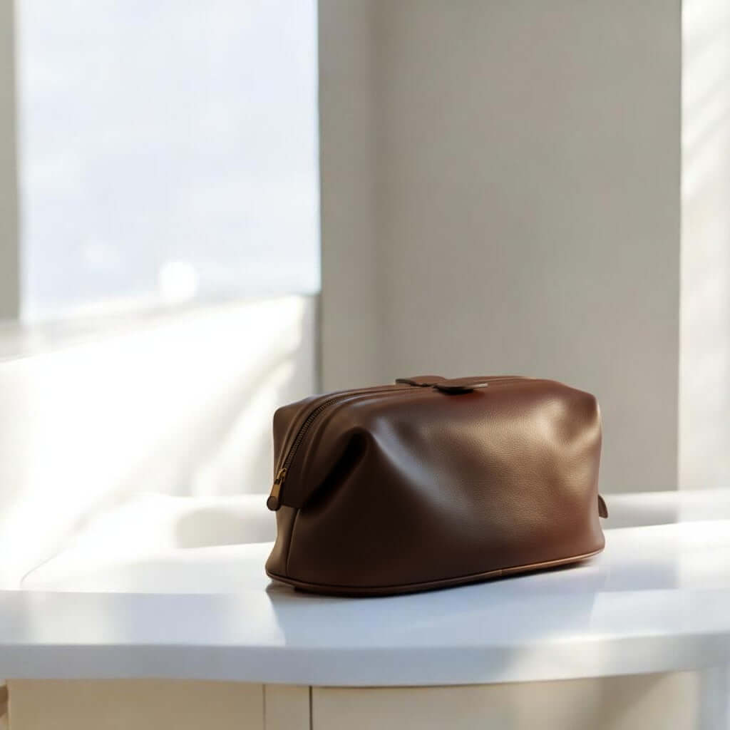 Beauty case in pelle marrone scuro con chiusura e maniglia superiore