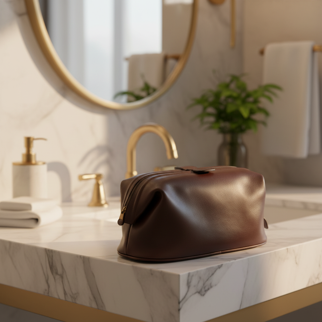 Astuccio beauty in pelle marrone scuro, chiusura con patta e maniglia