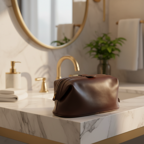 Astuccio beauty in pelle marrone scuro, chiusura con patta e maniglia