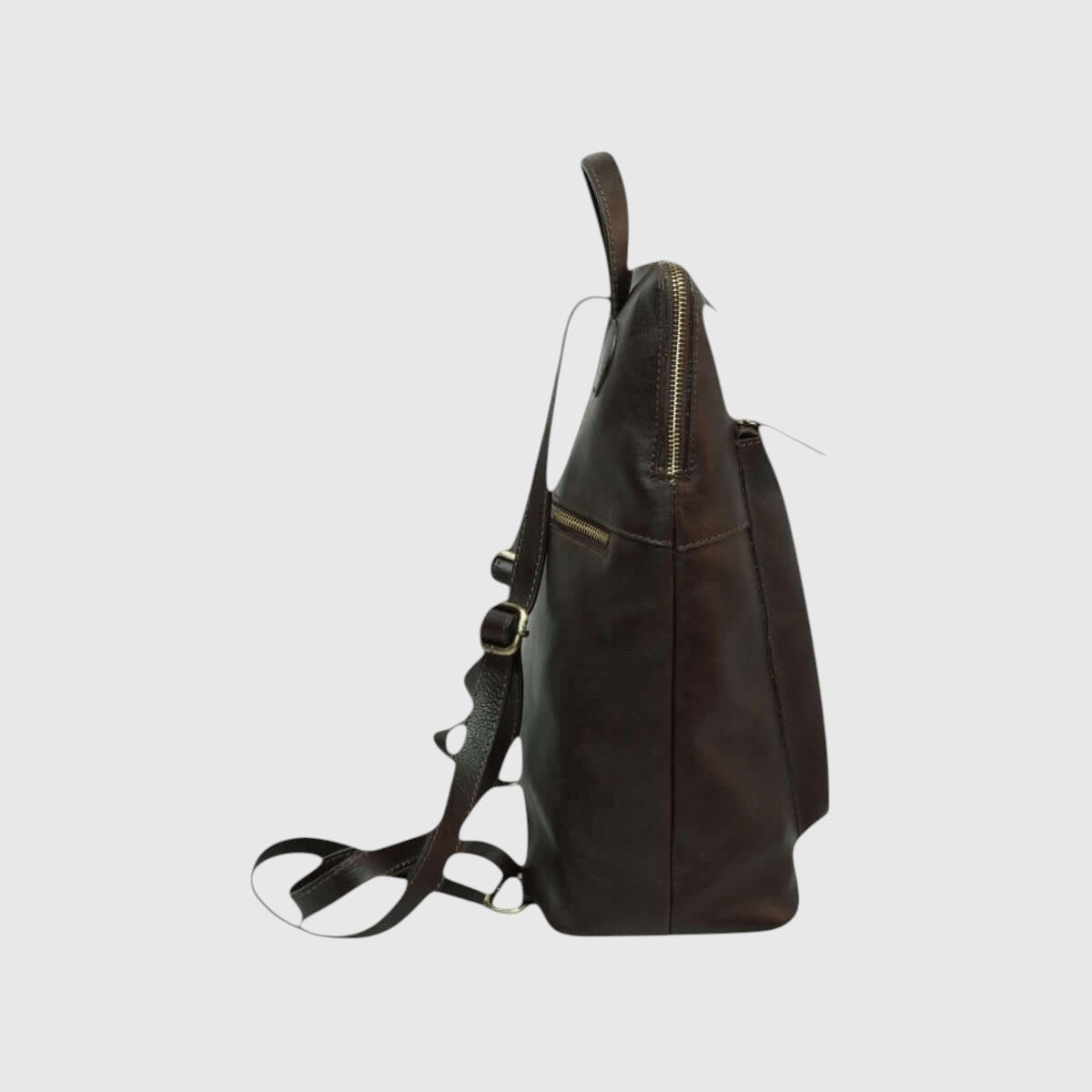 Zaino in pelle di vitello marrone scuro con spallacci e tasca laterale con zip
