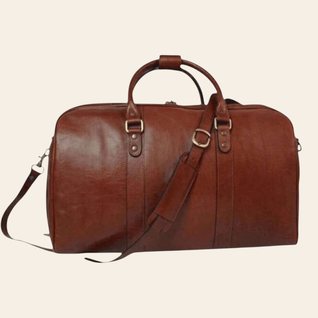 Bolsa de viaje de piel de becerro plena flor marrón, con bandolera y hebillas metálicas