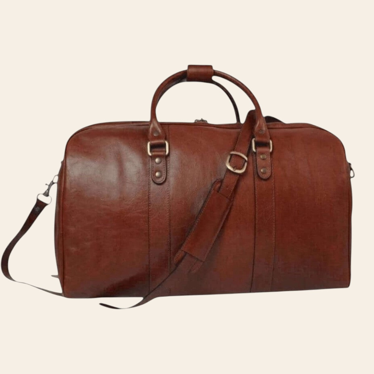 Bolsa de viaje de piel de becerro plena flor marrón, con bandolera y hebillas metálicas