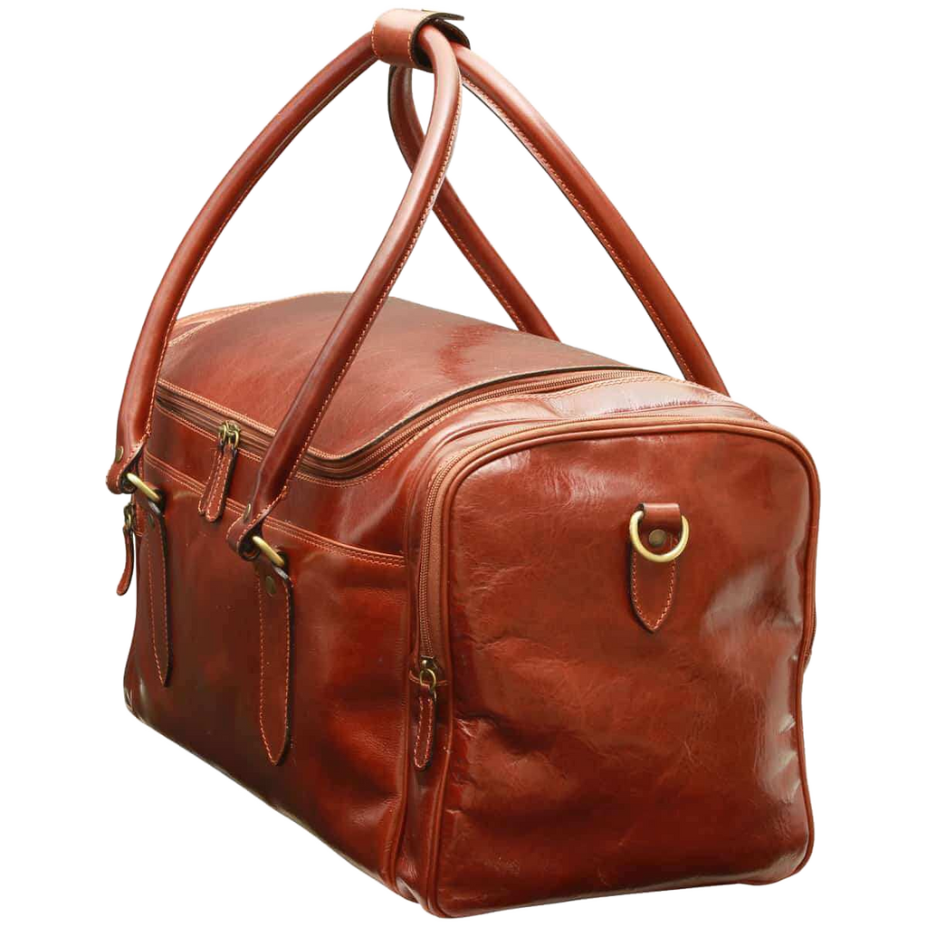 Borsa da viaggio in pelle pieno fiore marrone scuro, tasca laterale e manici superiori