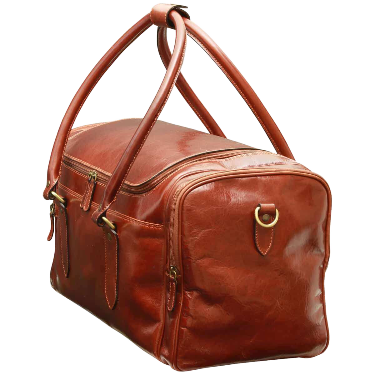 Borsa da viaggio in pelle pieno fiore marrone scuro, tasca laterale e manici superiori