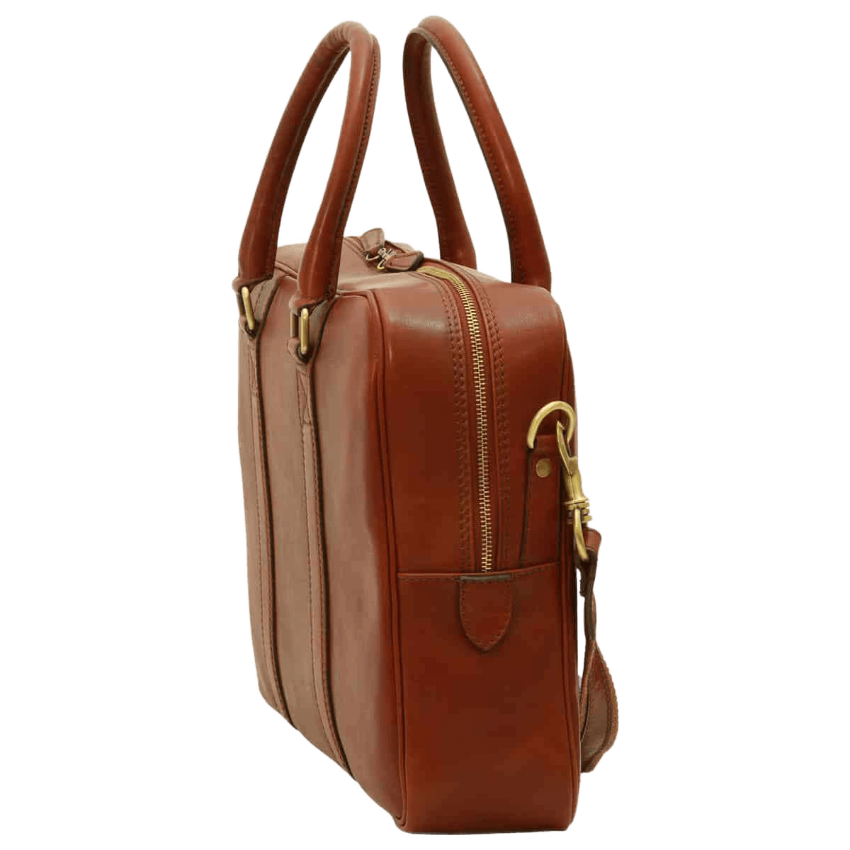 Borsa in pelle marrone mogano con due manici alti e zip laterale