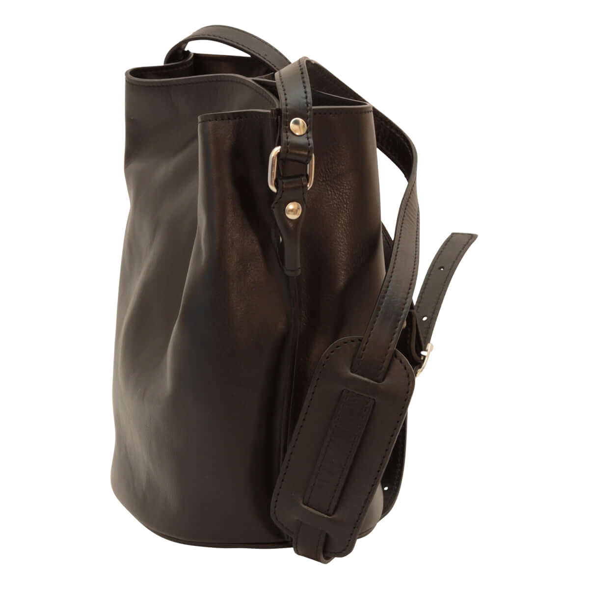 Borsa a tracolla in pelle nera con tasca frontale e fibbie in metallo
