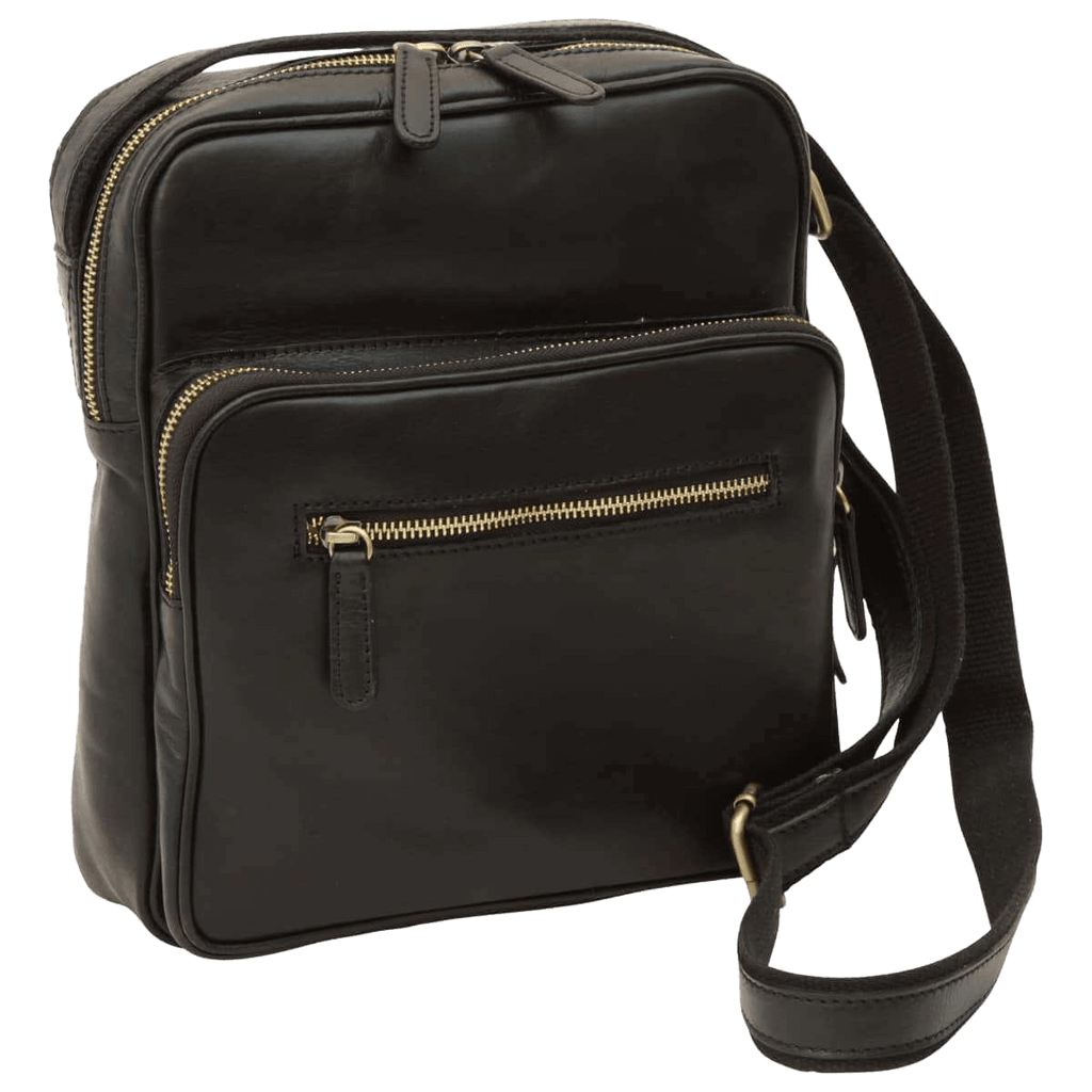Borsa messenger in pelle nera piccola con doppia chiusura zip e fibbia