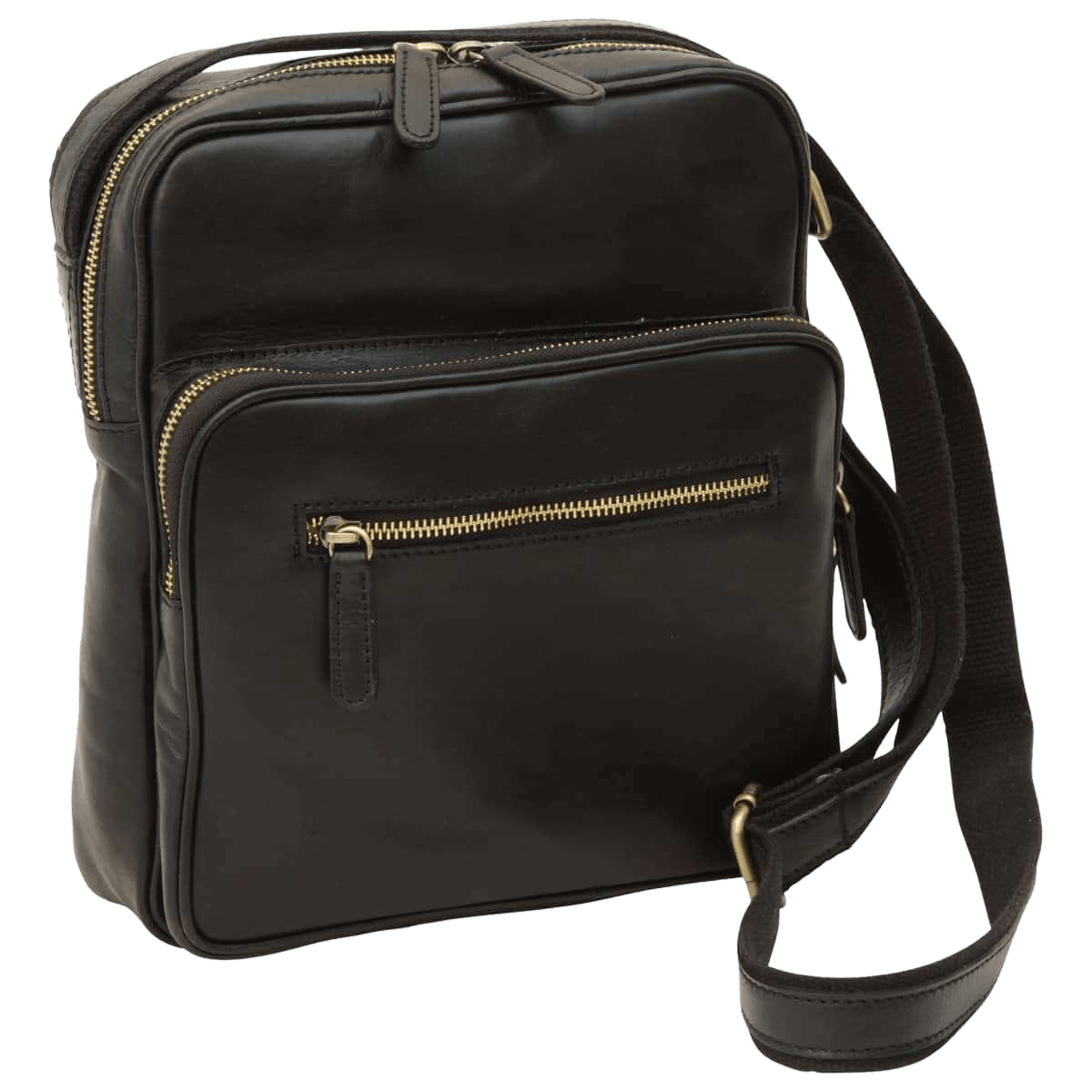 Borsa messenger in pelle nera piccola con doppia chiusura zip e fibbia