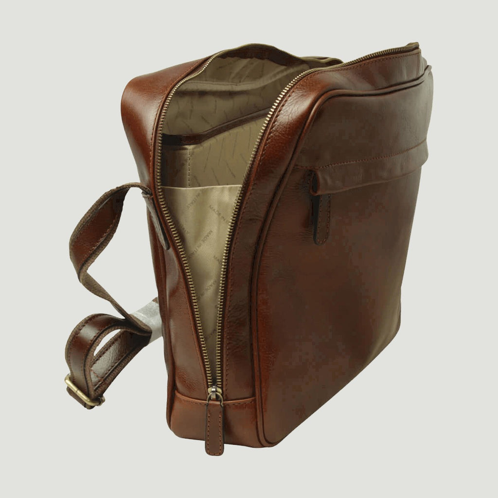 Borsa messenger in pelle pieno fiore marrone, retro con zip e tracolla in pelle