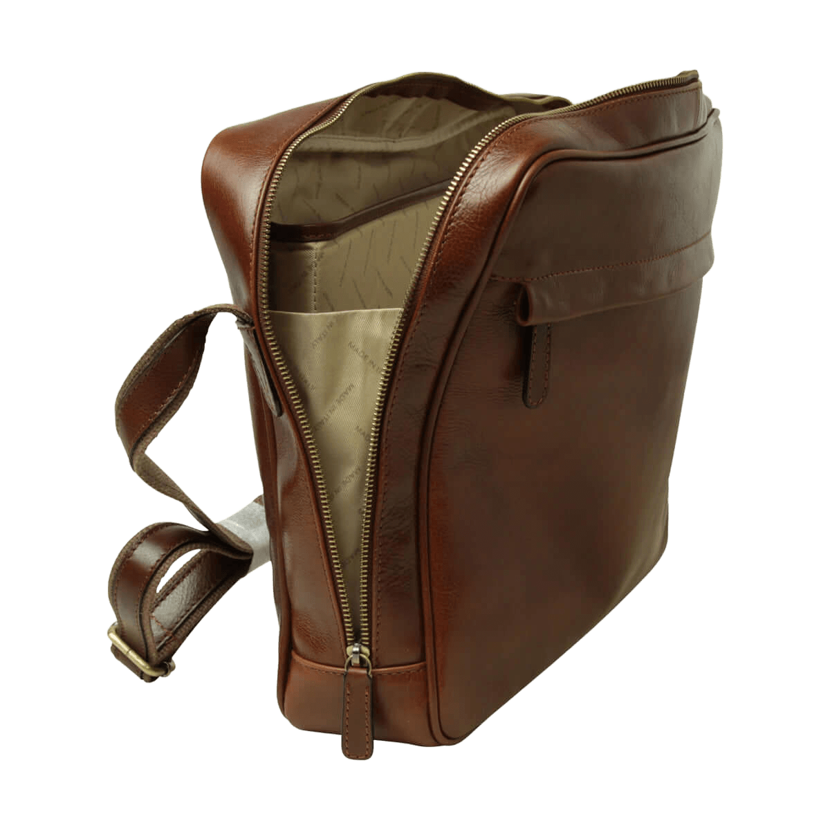 Borsa messenger in pelle marrone con interno foderato beige visibile e zip laterale