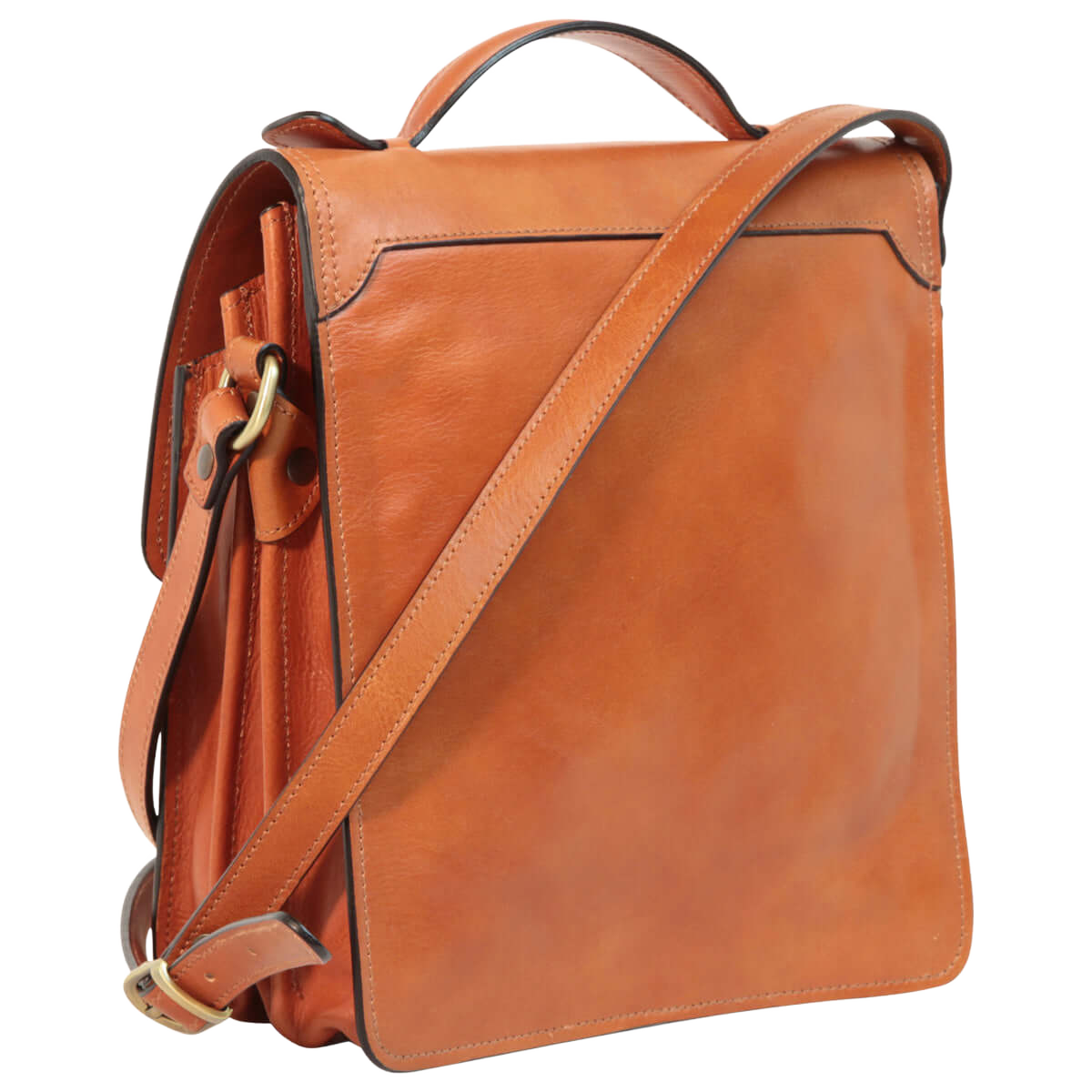 Borsa a tracolla in pelle marrone vista laterale con manici e fibbia metallica