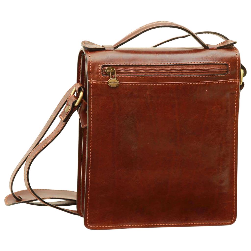 Borsa a tracolla in pelle marrone con zip frontale e tracolla in cuoio