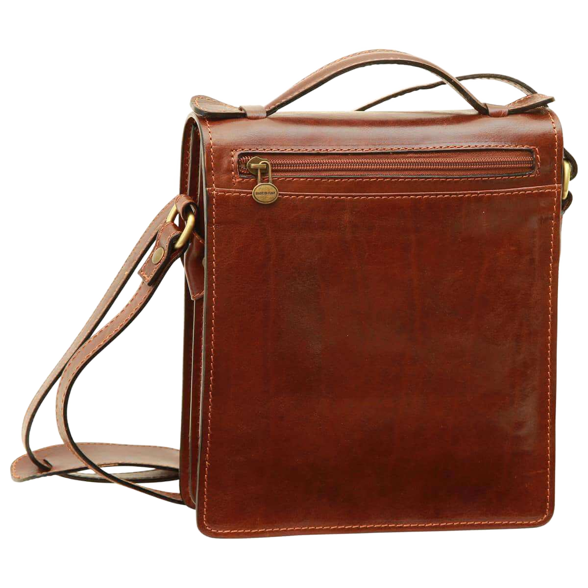 Borsa a tracolla in pelle marrone con zip frontale e tracolla in cuoio