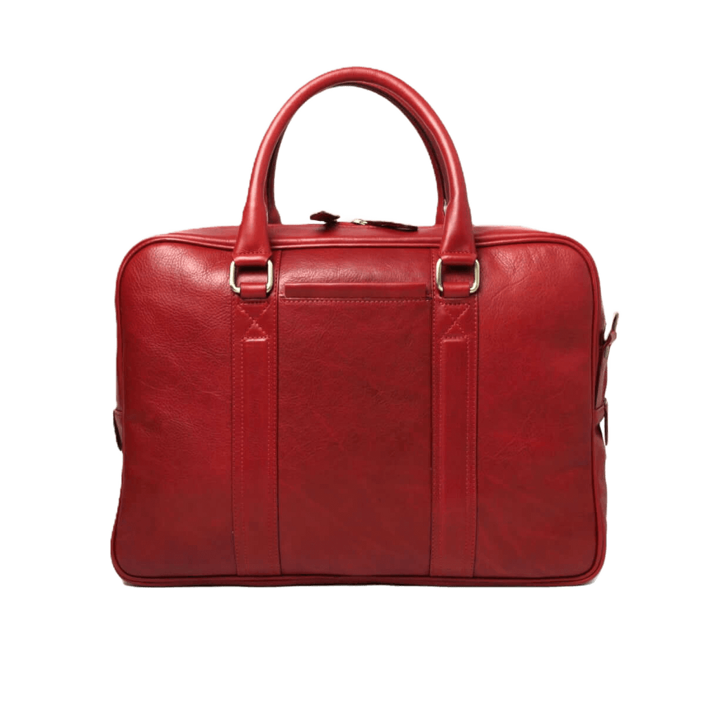 Borsa in pelle rossa con due manici e dettagli cuciture verticali, zip