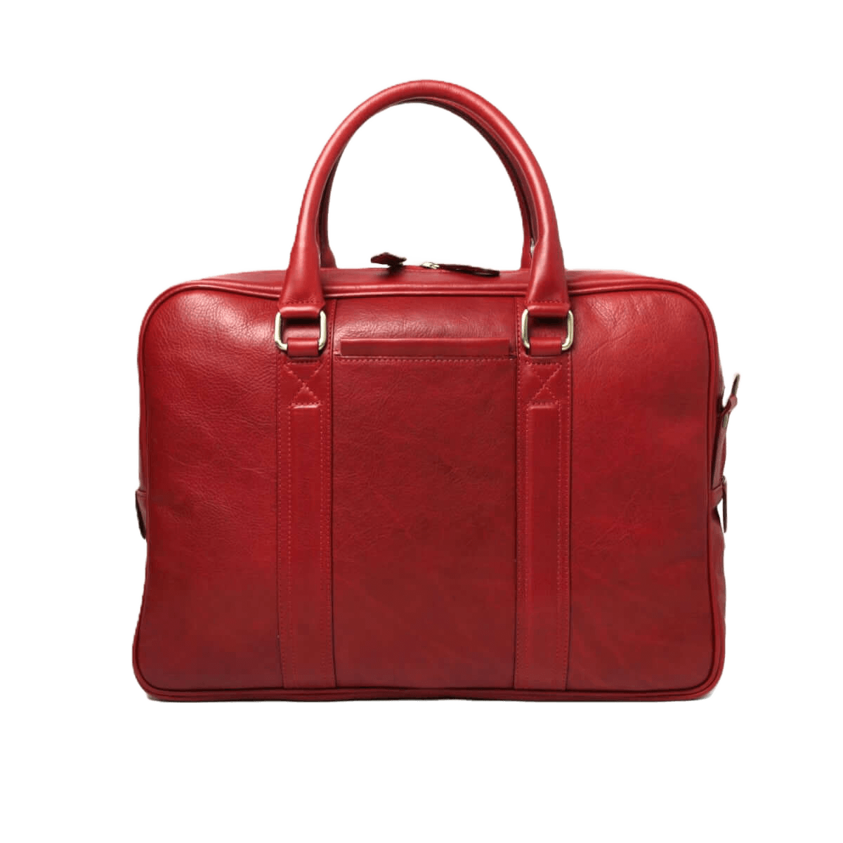 Borsa in pelle rossa con due manici e dettagli cuciture verticali, zip