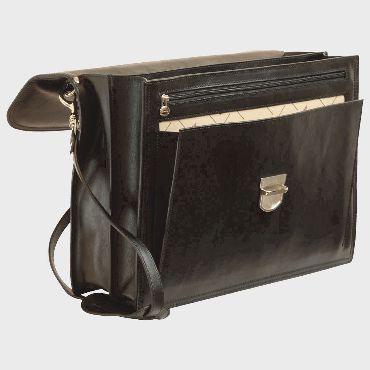 Cartella in pelle nera Old Angler con pattina frontale e tracolla regolabile