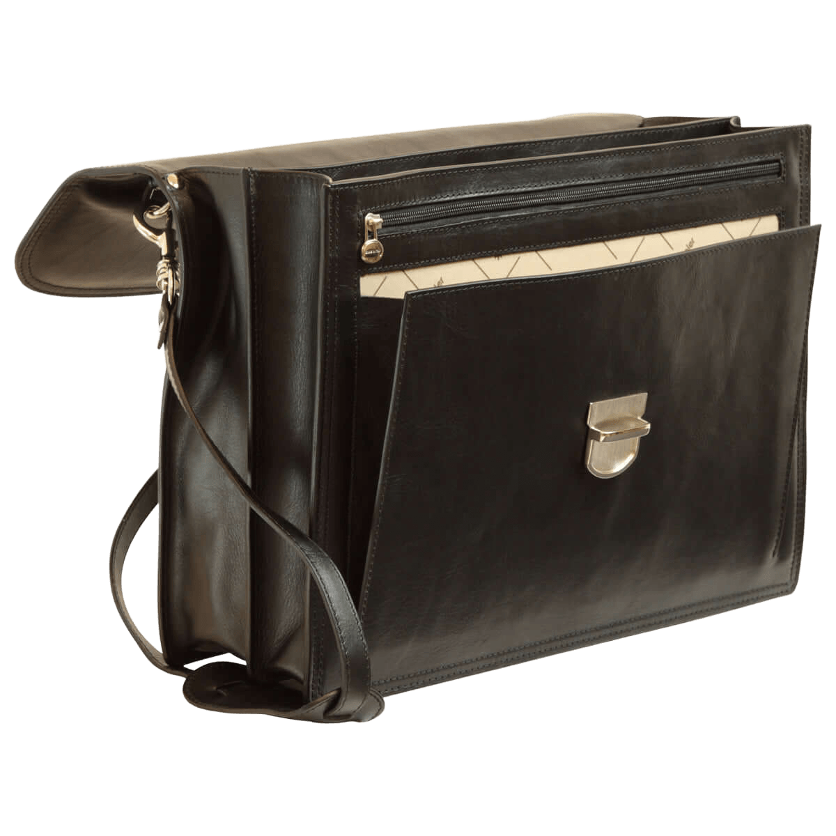 Borsa in pelle nera da uomo con tracolla e tasca frontale con chiusura metallica.